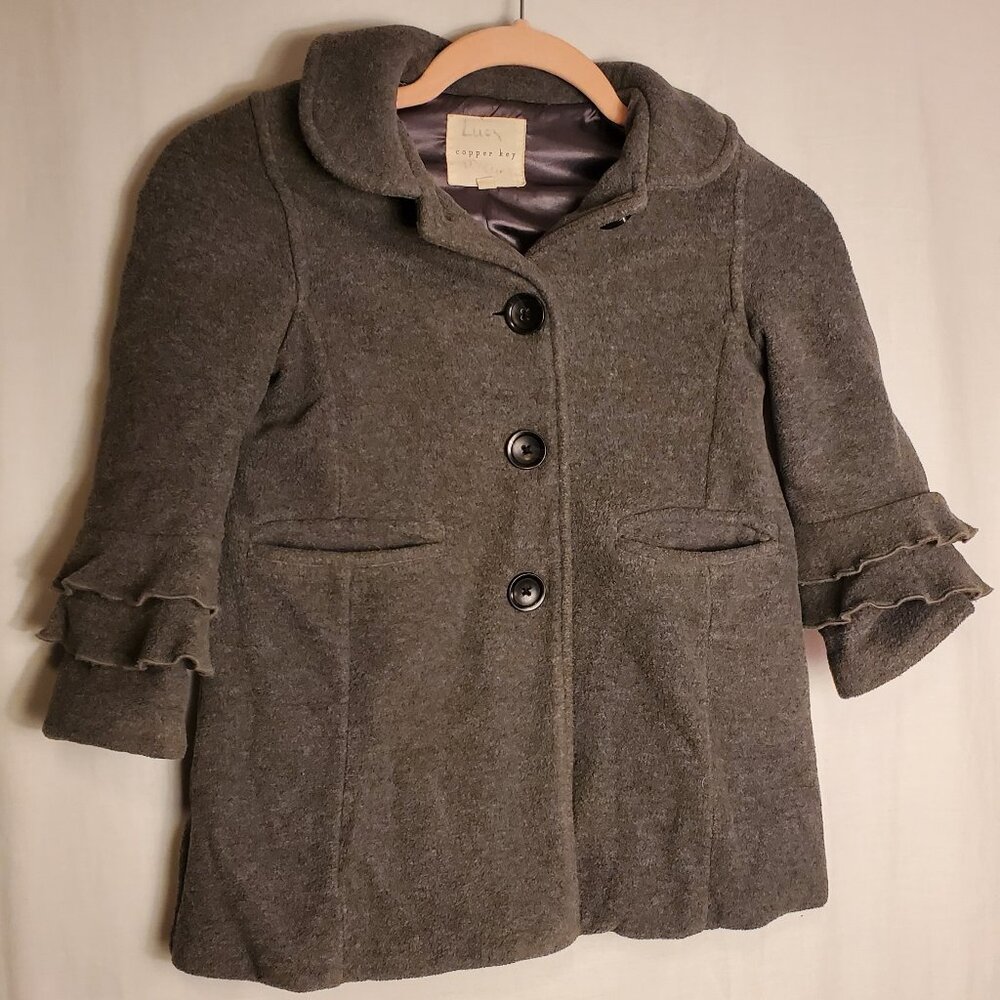 Copper Key Grey Girls Jacket Ruffle Slv Bottom Button Front Sz 4/5
